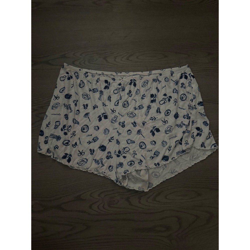 Colsie Womens Ribbed Pajama Shorts White Blue Seashell Print Lettuce Edge Large